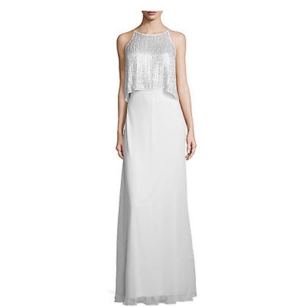 NTW Aidan Mattox White and Silver Popover Gown